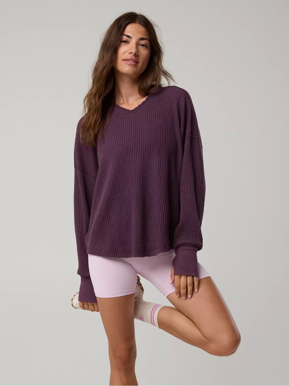 Offline By Aerie Wow! Waffle Notch Neck Long Sleeve T-Shirt Cool Berry